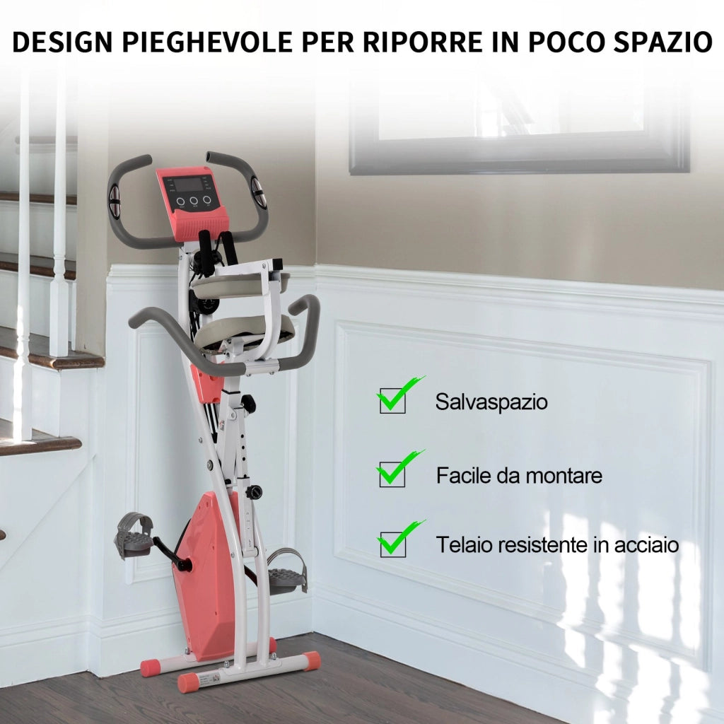 EasyComfort Cyclette Pieghevole 2 in 1, Resistenza Magnetica Regolabile 8 Livelli, Cyclette da Casa Silenziosa con Sensore di Frequenza Cardiaca, Elastici per Braccia, Schermo LCD, Volano 2.5kg, Rosa