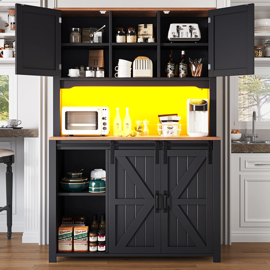 Credenza Cucina Alta con Ante Scorrevoli; 2 Cassetti; Ripiani Regolabili e LED per Cucina; in MDF e Metallo; 115x40x174;7 cm; Nero