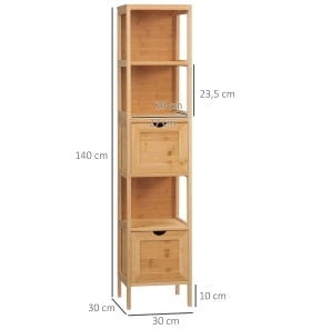 Mobiletto da bagno in bambù con 3 ripiani e 2 cassetti, sicurezza anti-ribaltamento, salvaspazio 30x30x140 cm