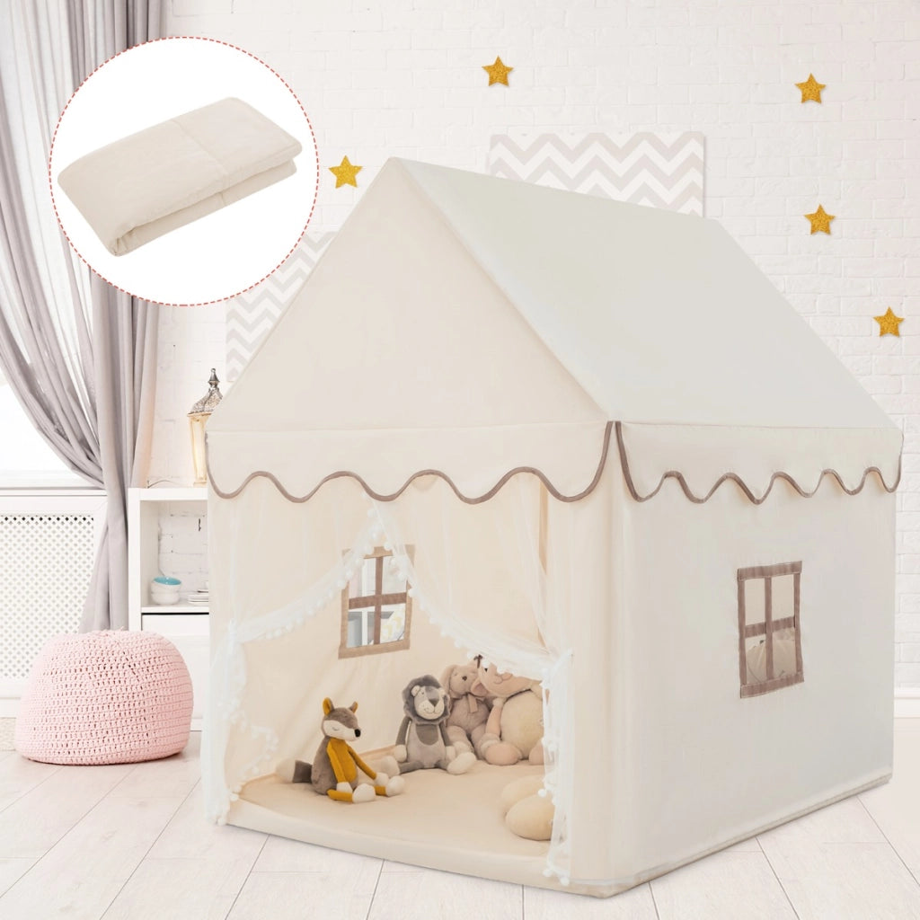 Casetta con tenda struttura in legno e tappetino di cotone, Casa con tenda porta e finestra per bambini Marrone
