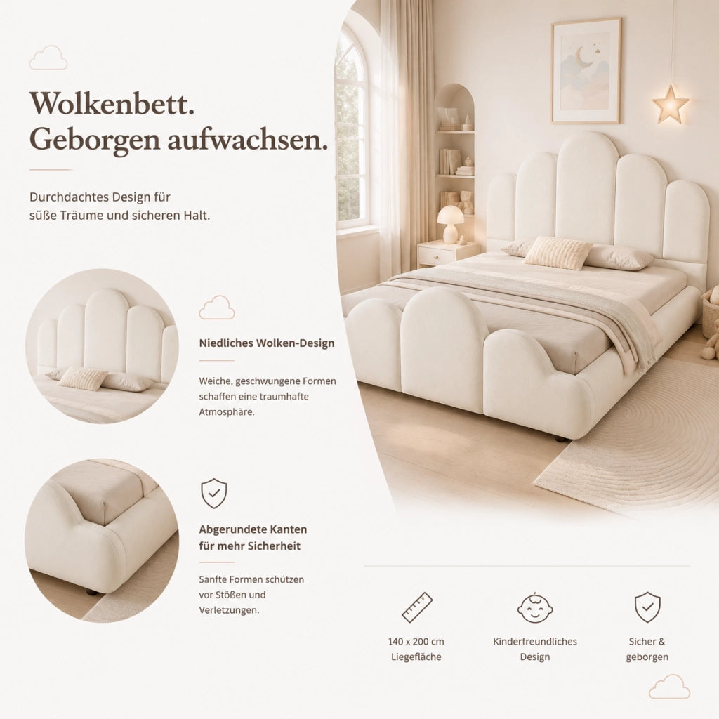 LETTO Imbottito 140x200 cm in velluto beige, struttura unica