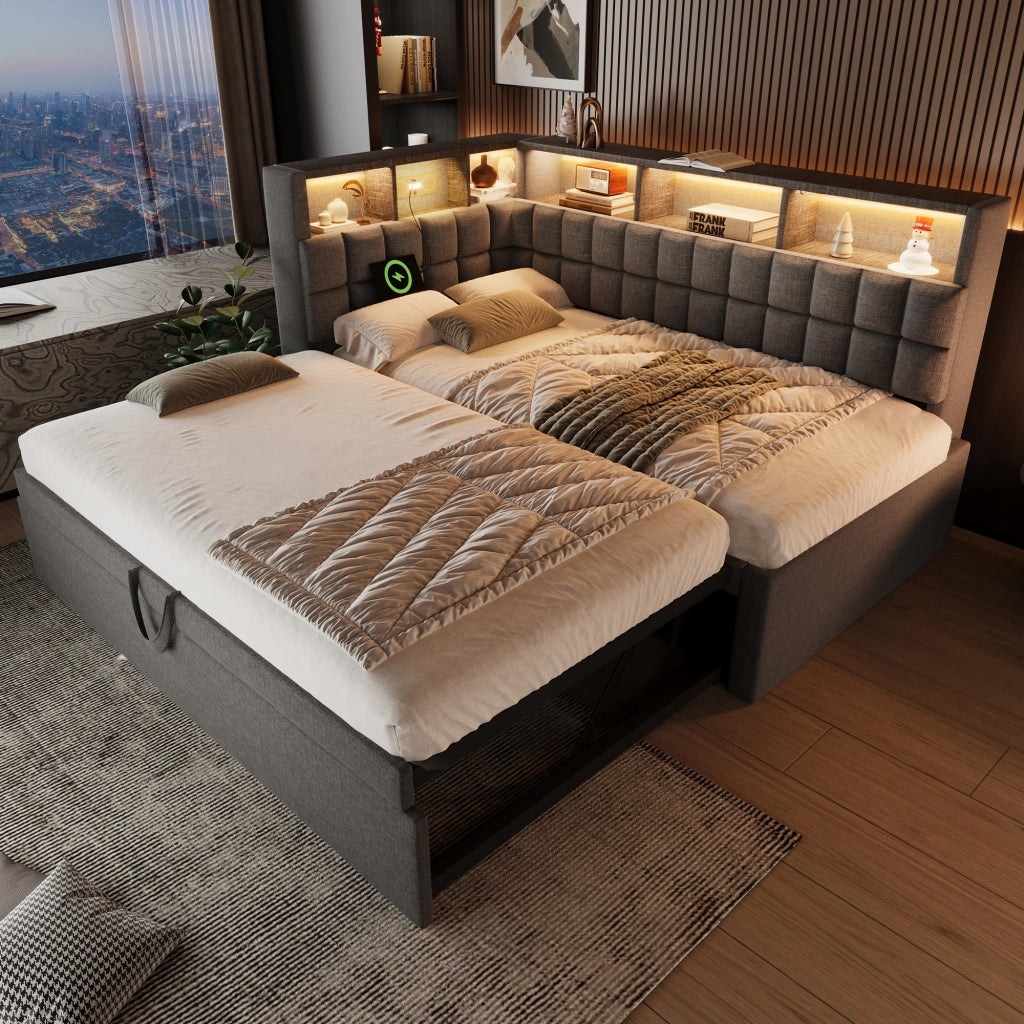 DESMIU Divano letto 90 × 200 cm 1 posto con letto estraibile, LED, USB e Type-C, senza materasso, grigio