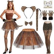 Costume da adulto con stampa di leopardo - gonna con stampa di leopardo - cappello di feltro arancione - coda - guanti - grembiule con farfalla - tessuto chiffon leggero - costume da animale