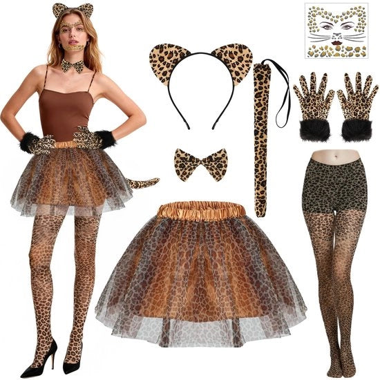 Costume da adulto con stampa di leopardo - gonna con stampa di leopardo - cappello di feltro arancione - coda - guanti - grembiule con farfalla - tessuto chiffon leggero - costume da animale