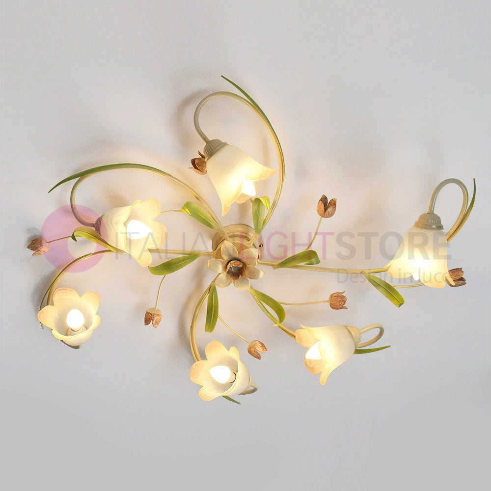 FLORA Plafoniera allungata a 6 Luci in Ferro Decorato Stile Floreale
