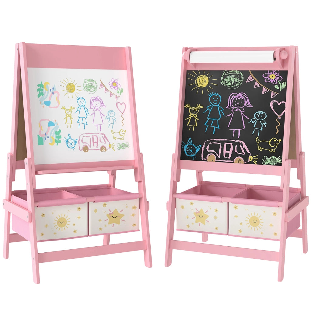 Lavagna per Bambini con Cavalletto e Rotolo di Carta ¨C zephmum ¨C Legno, Rosa, 54x46x94 cm