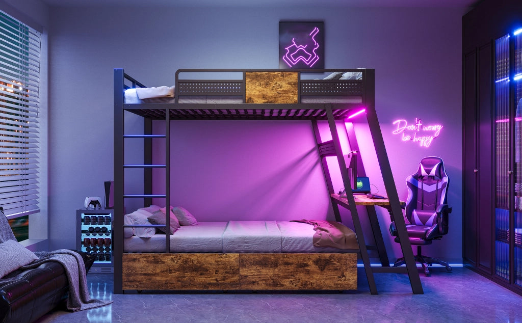 Letto a castello 2 posti per 2 materassi 90 × 200 cm con scrivania, prese, USB e porta tipo C, LED, senza materasso