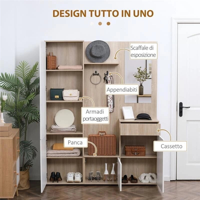 MOBILE DA INGRESSO 4 IN 1 CON SPECCHIO GANCI E RIPIANI 145X29X184 CM BICOLOR