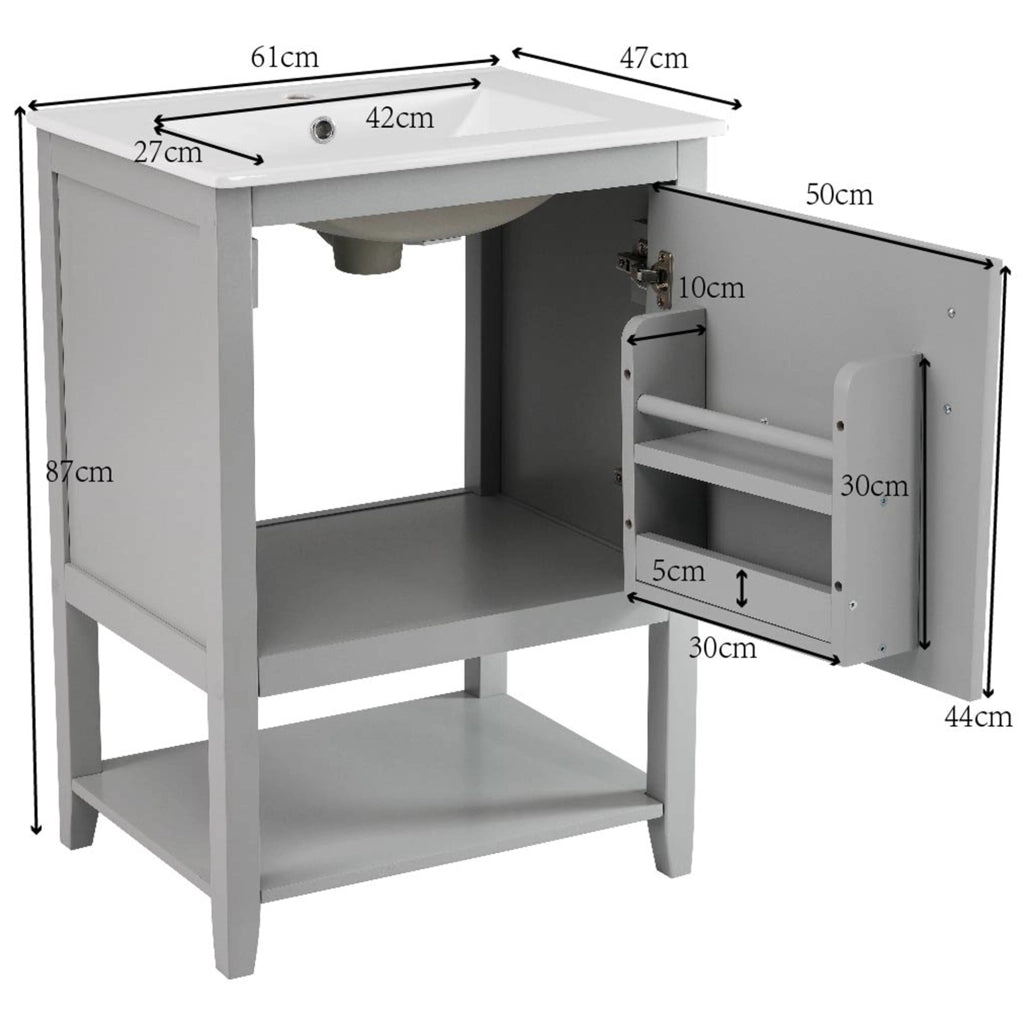 Mobile sottolavabo con lavabo in ceramica, ripiani interni e piedini antiscivolo, per bagno, in MDF, grigio