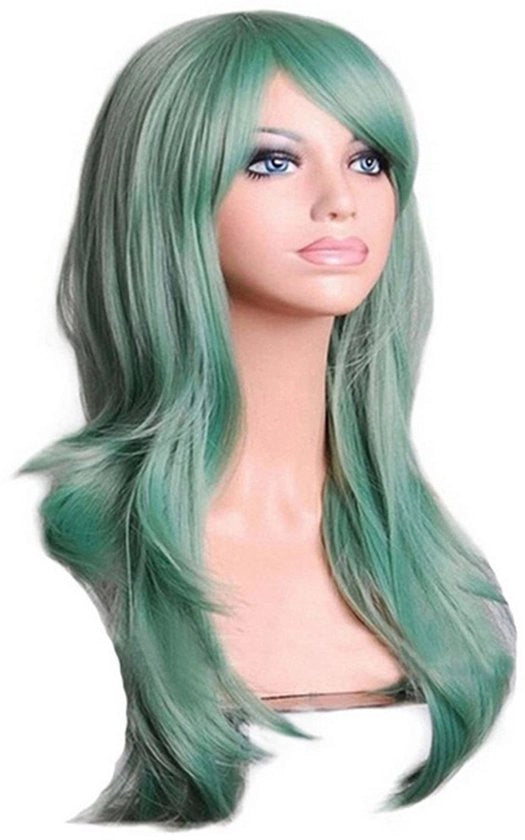 Pruik a capelli in verde chiaro - 70 cm - capelli ondulati - gradiente di colore verde - parrucca sintetica - adatta per Halloween