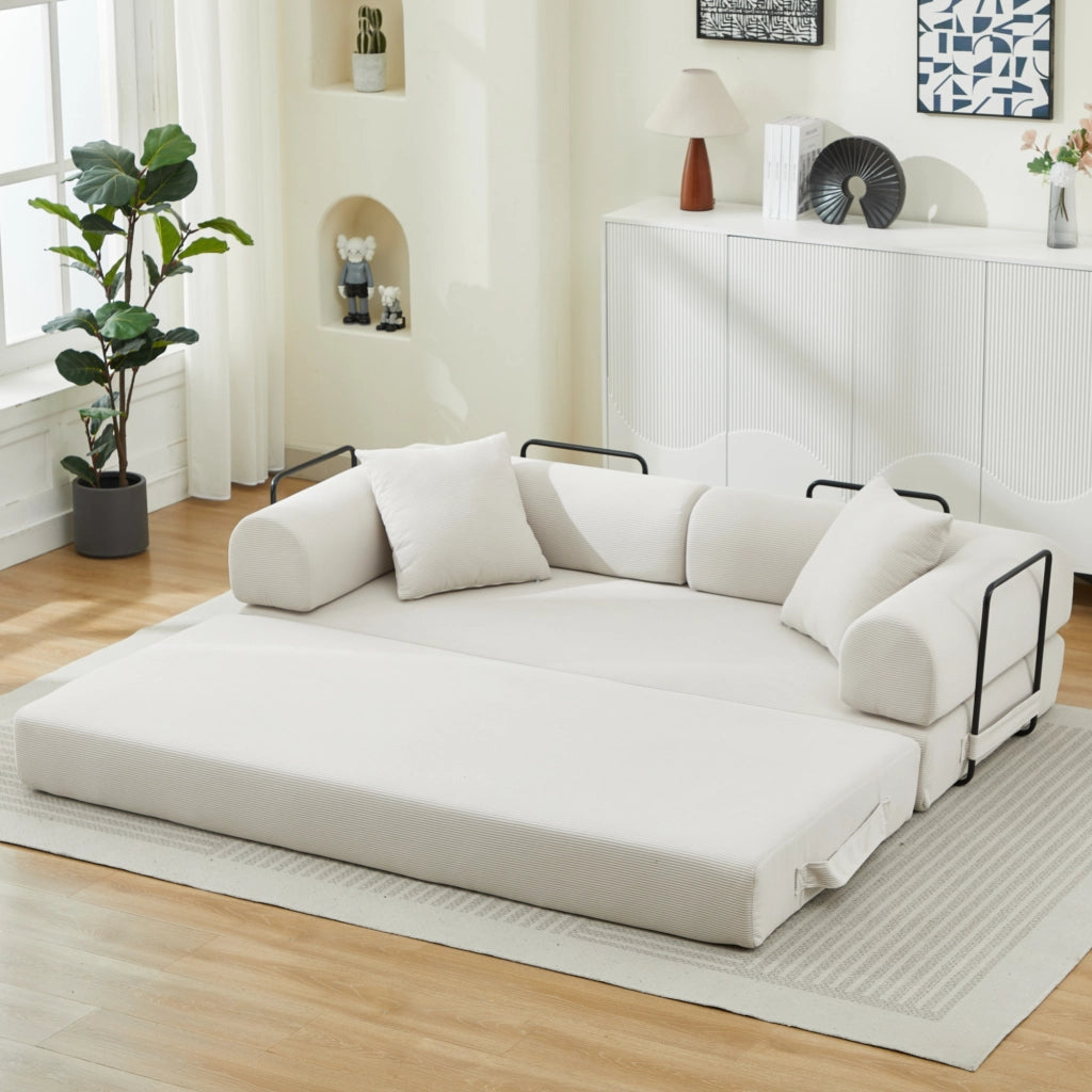 Divano letto trasformabile a 3 posti in velluto a coste bianco 200 cm