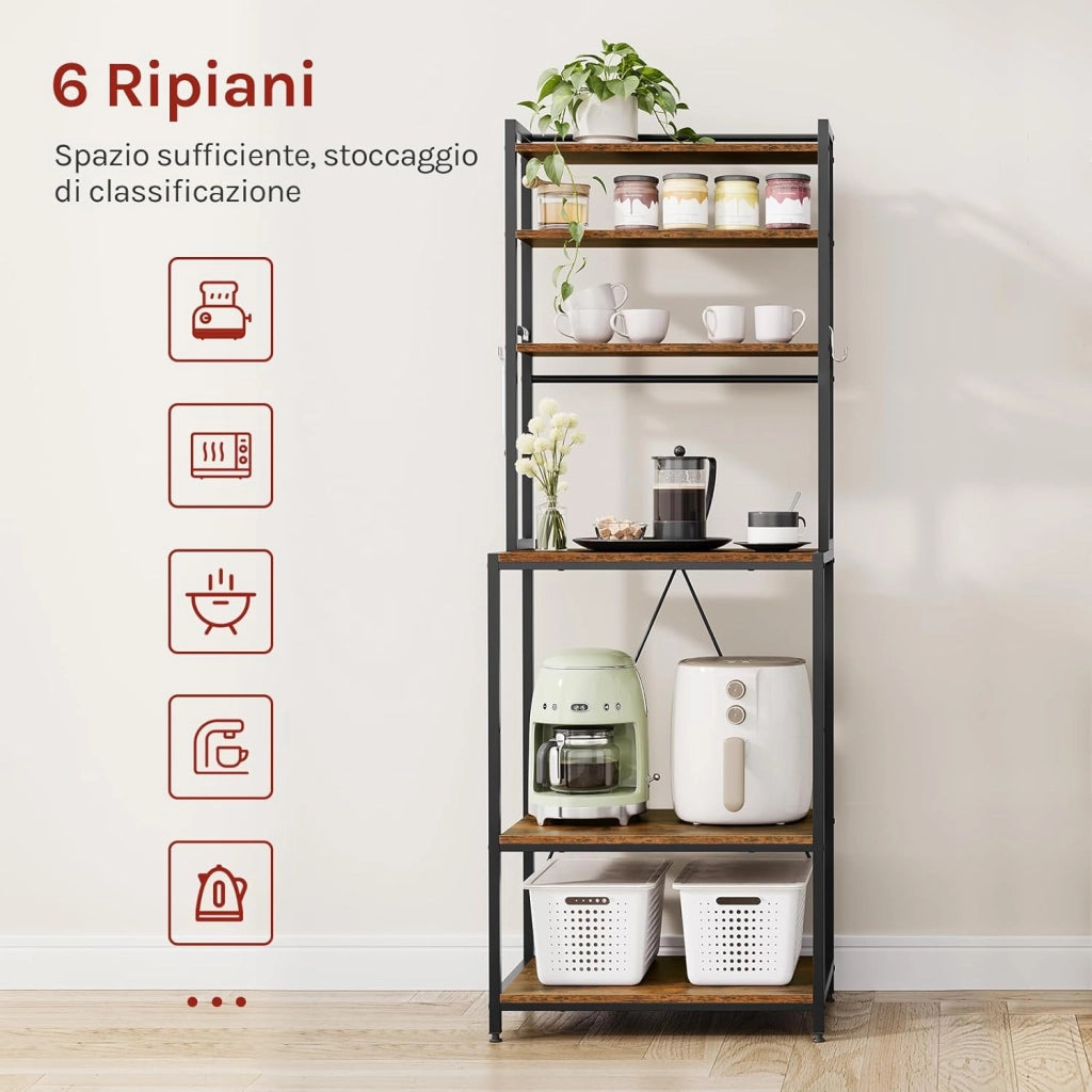 Scaffale da Cucina con 6 Ripiani, Scaffale per Microonde con 6 Ganci, Struttura in Metallo, Legno Ingegnerizzato, 60x40x167cm, Marrone Rustico+Nero
