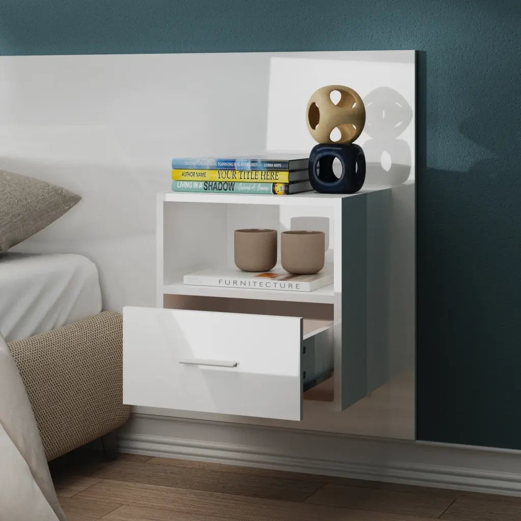 Comodino | Armadio da Notte | Mobiletto da notte a Muro Bianco Lucido
