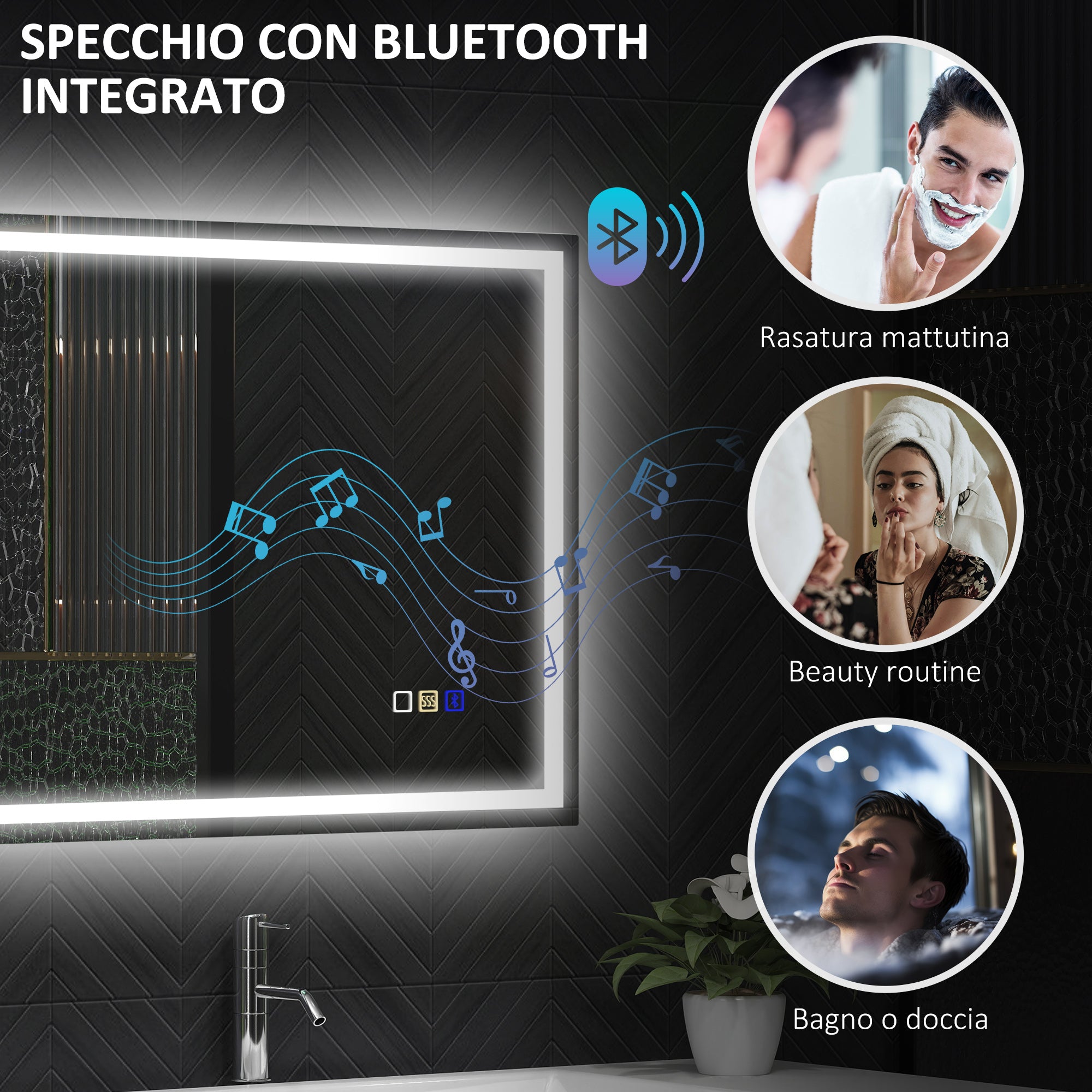 Specchio Bagno da Parete LED Antiappannamento 50x70 cm Speaker Bluetooth e Pulsanti Touch in Vetro Temperato