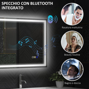 Specchio Bagno da Parete LED Antiappannamento 50x70 cm Speaker Bluetooth e Pulsanti Touch in Vetro Temperato