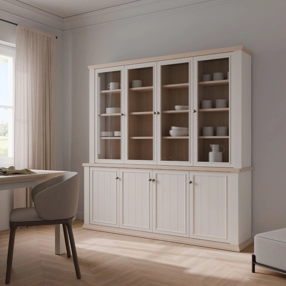 Vetrina Essenza con 4 ante a vetro e 4 ante in stile classico colore bianco e rovere
