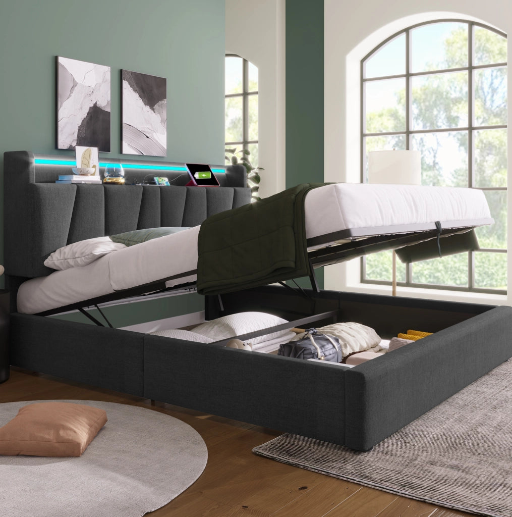 Letto imbottito 160x200 con testiera contenitore, prese USB e LED RGBW