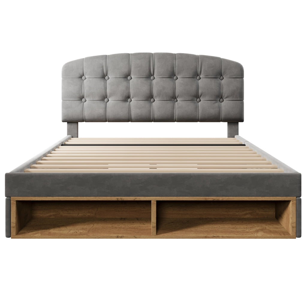 Letto imbottito 140x200 cm con testiera regolabile; cassetti e vani; velluto grigio