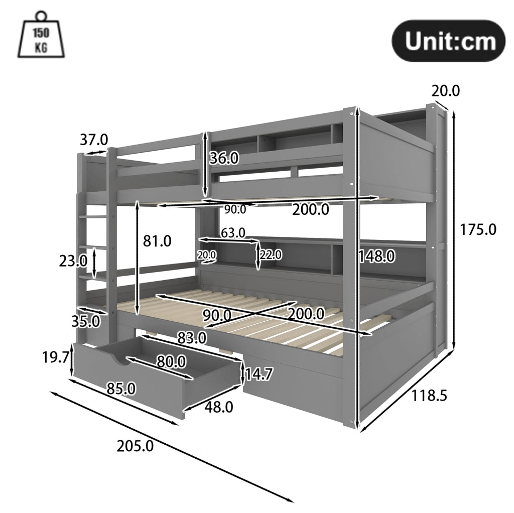 Letto a castello 90x200 cm con cassetto e vani portaoggetti; grigio