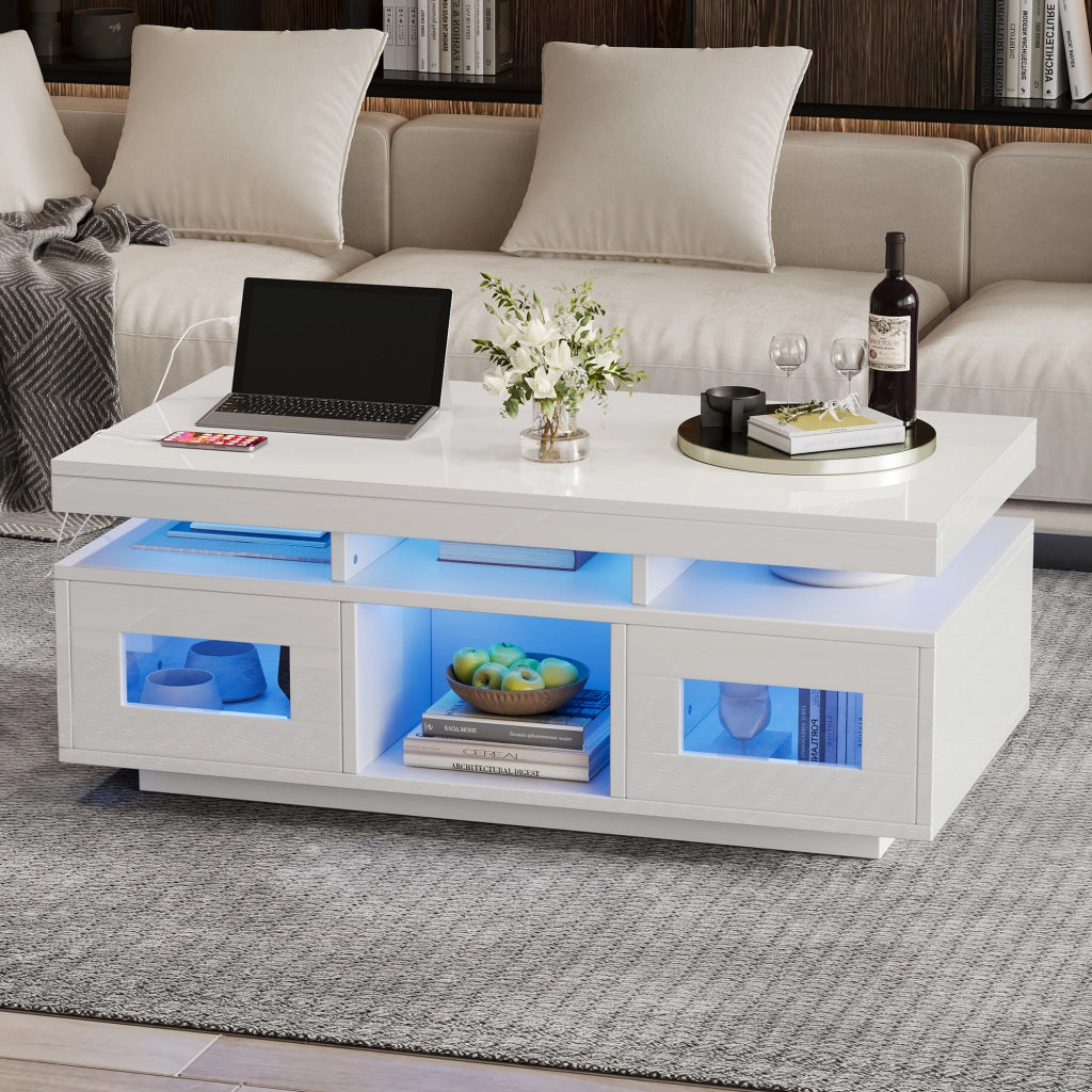 OKWISH Tavolino da Salotto con 2 Ante, 2 Vani e 1 Ripiano, LED e Presa USB, per Soggiorno, Bianco, 100 x 50 x 43 cm
