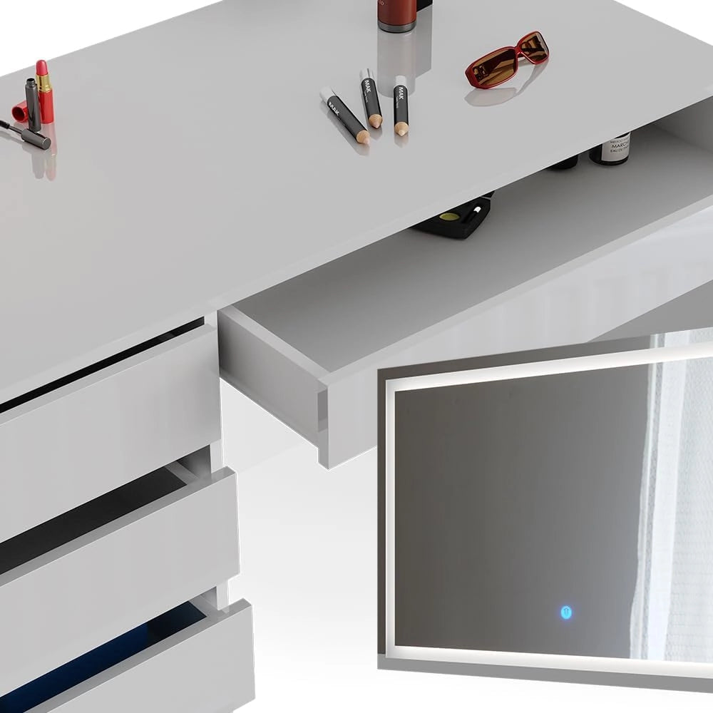 Tavolo da toeletta Sherry, Bianco, 120 cm con specchio a LED e panca, adatto per la cura quotidiana e per l’applicazione del trucco