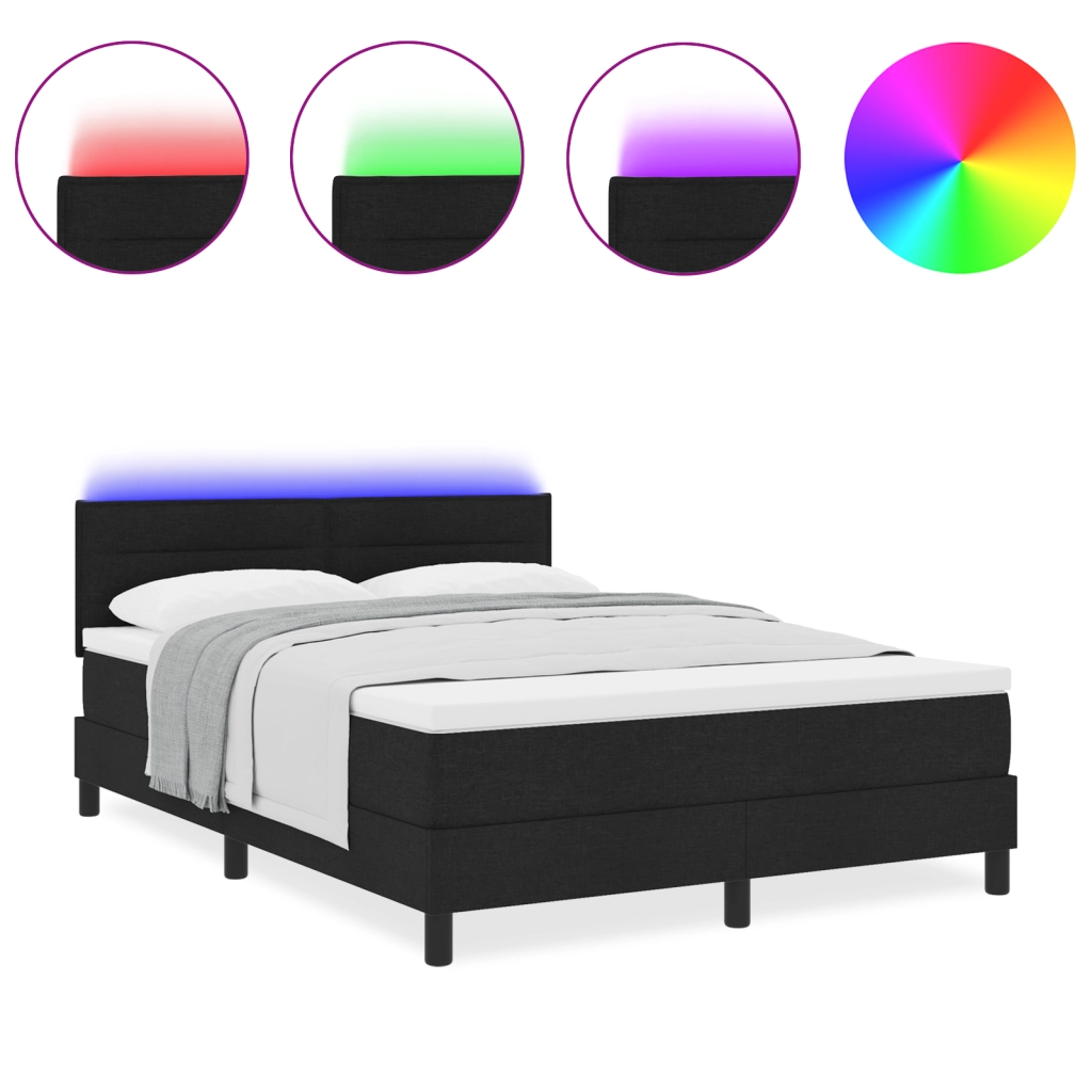 Letto con box spring e materasso LED nero 140x200 cm tessuto