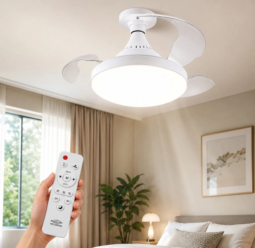 Ventilatore da Soffitto con Luce LED E27 Pale Retrattili Telecomando 4 Velocità e 3 Temperature Colore Dimmerabile