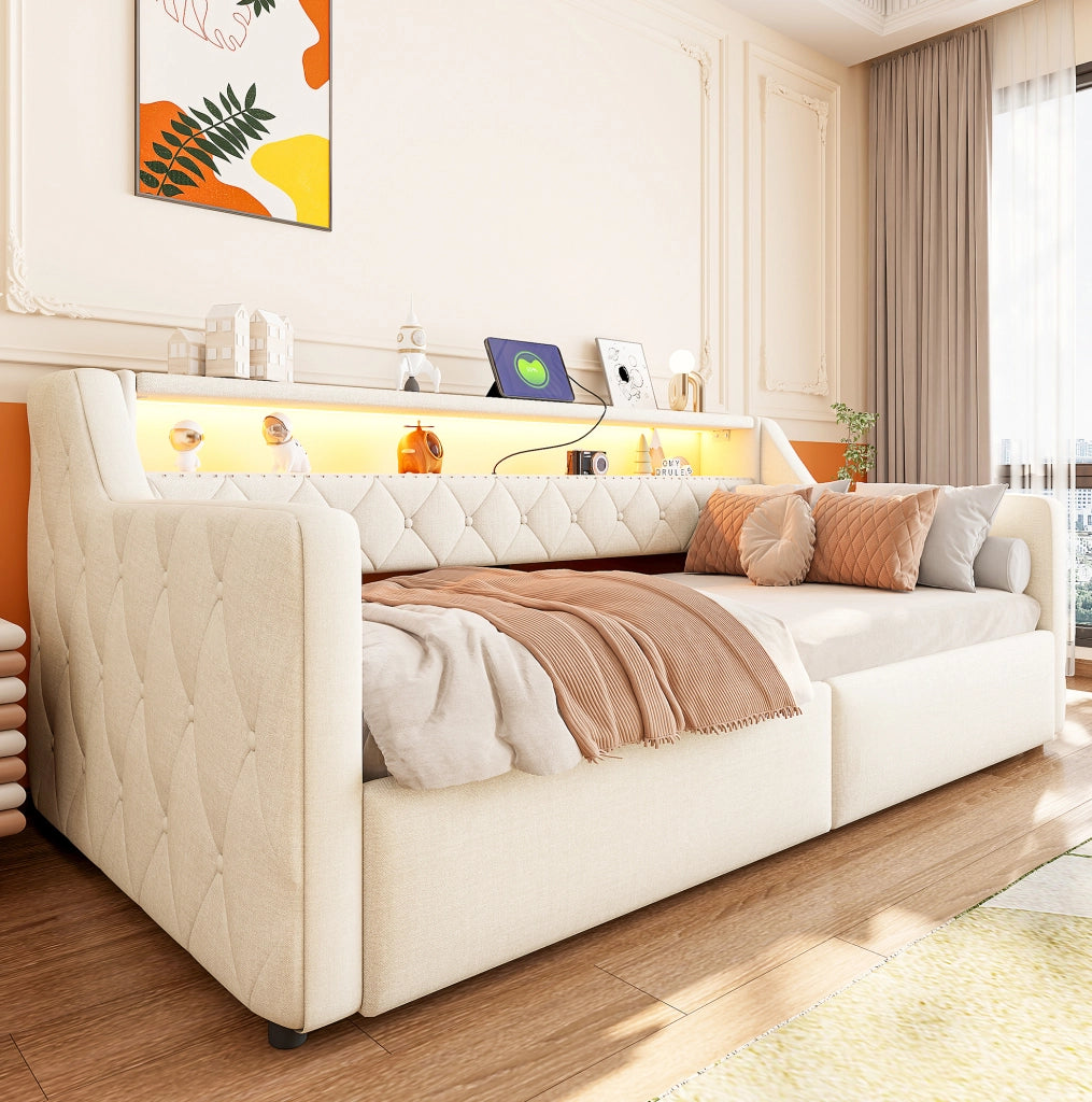 Daybed 211x106x77 cm con contenitore idraulico; LED e porte USB e USB C in lino e MDF beige