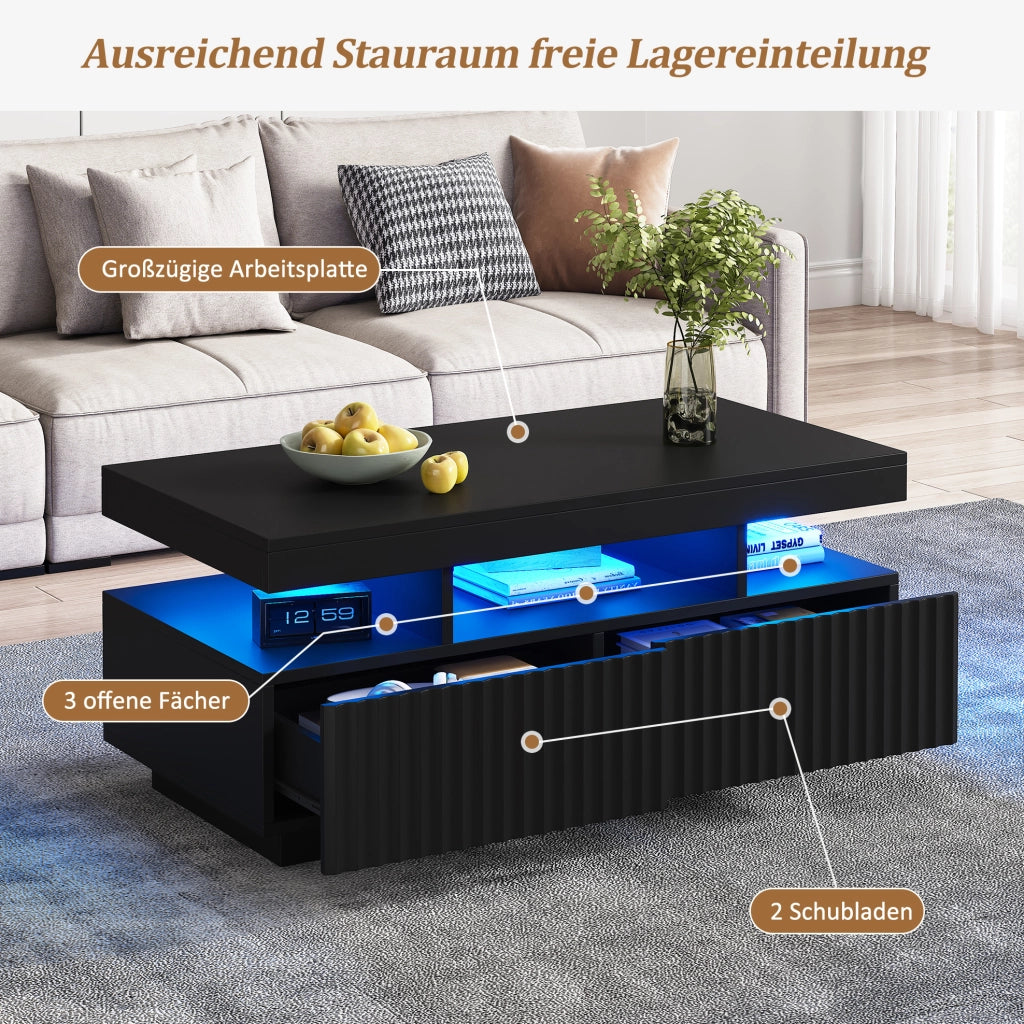 Tavolino da caffè nero con 2 cassetti e LED, 100x50x45 cm