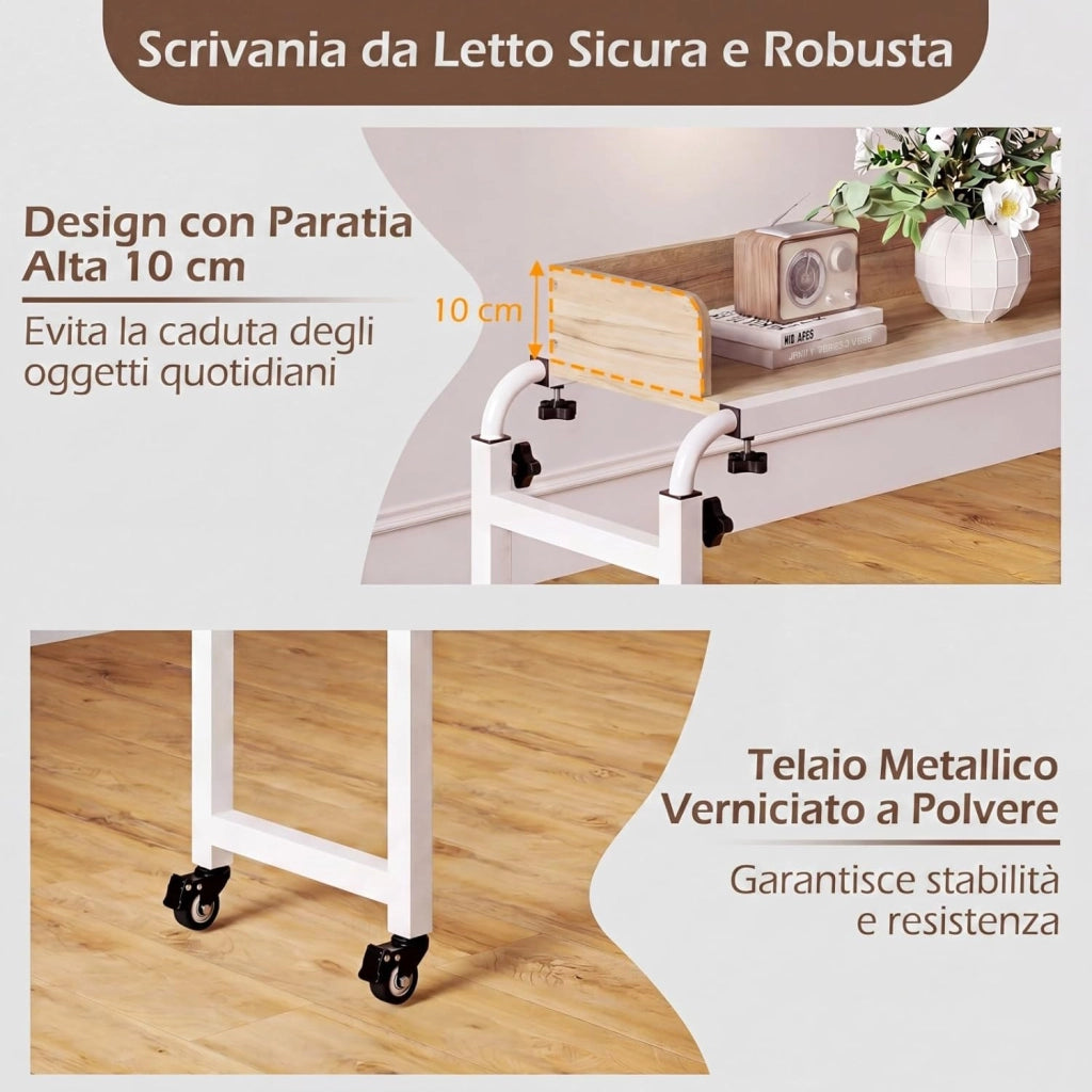 Scrivania da Letto con Ruote, Tavolino da Letto Salvaspazio con Altezza e Lunghezza Regolabili, Telaio in Metallo, Scrivania Portatile per Camera da Letto, Soggiorno e Ospedale (Naturale)