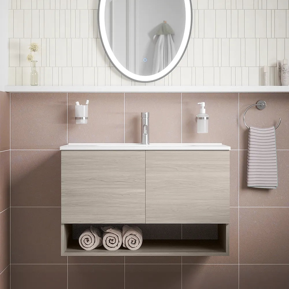 Mobile sospeso 80 cm rovere grigio con due ante, vano a giorno e lavabo | Sauris