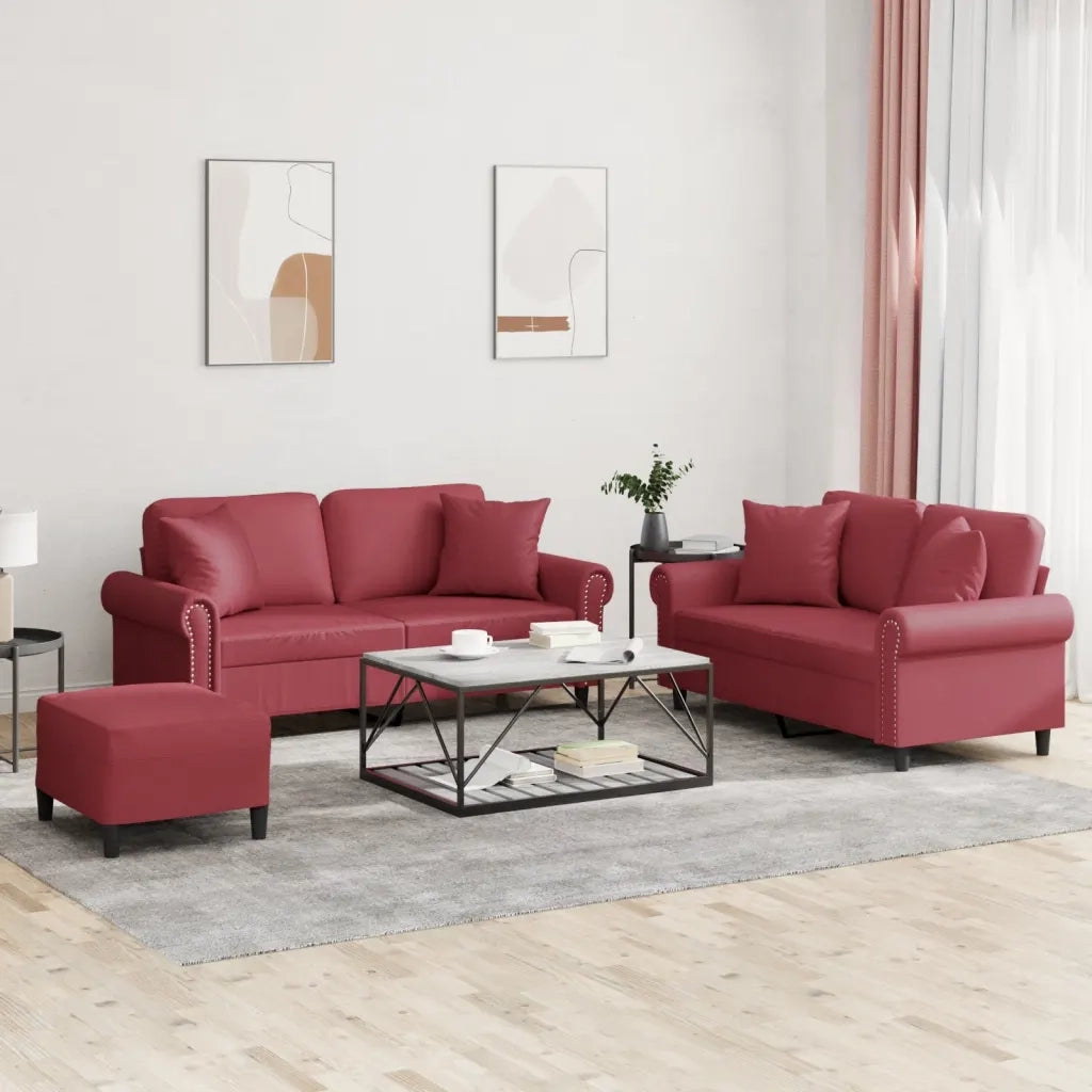 Set di Divani 3 pz con Cuscini Rosso Vino in Similpelle 3202168
