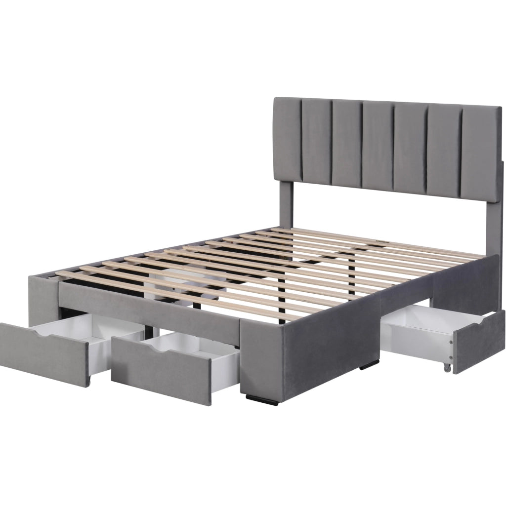 Letto imbottito 140x200 cm; con 4 cassetti e testiera regolabile; velluto grigio (Senza materasso)