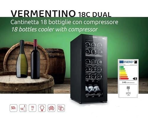 Melchioni Vermentino 18 C Dual Cantinetta vino con compressore Libera installazione Nero 18 bottiglia/bottiglie