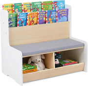 Libreria Montessoriana Salvaspazio per Bambini con Panchina Bianco | Porta Libri Bambini con Portariviste a 2 Ripiani, 2 Scomparti Aperti e Cuscino Seduta Rimovibile per Cameretta
