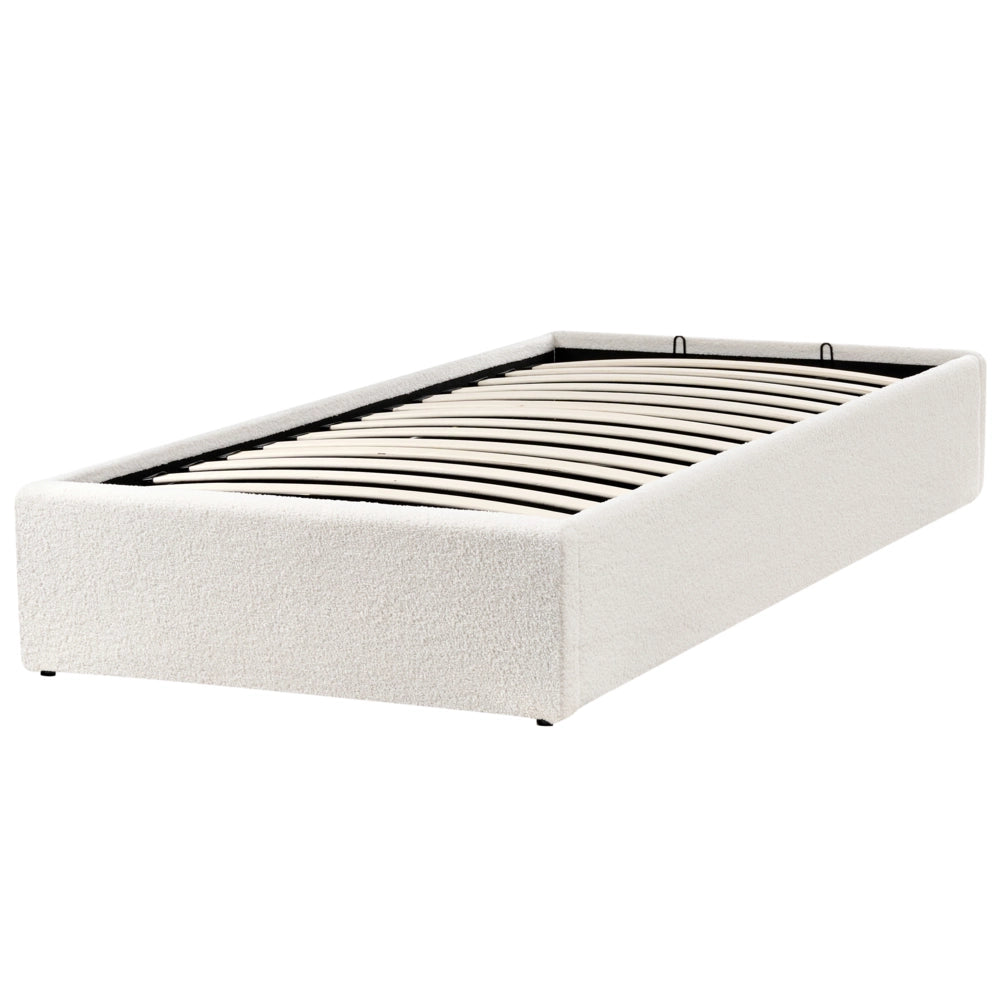 Letto singolo con contenitore in tessuto bouclè bianco sporco 90 x 200 cm portaoggetti stile moderno