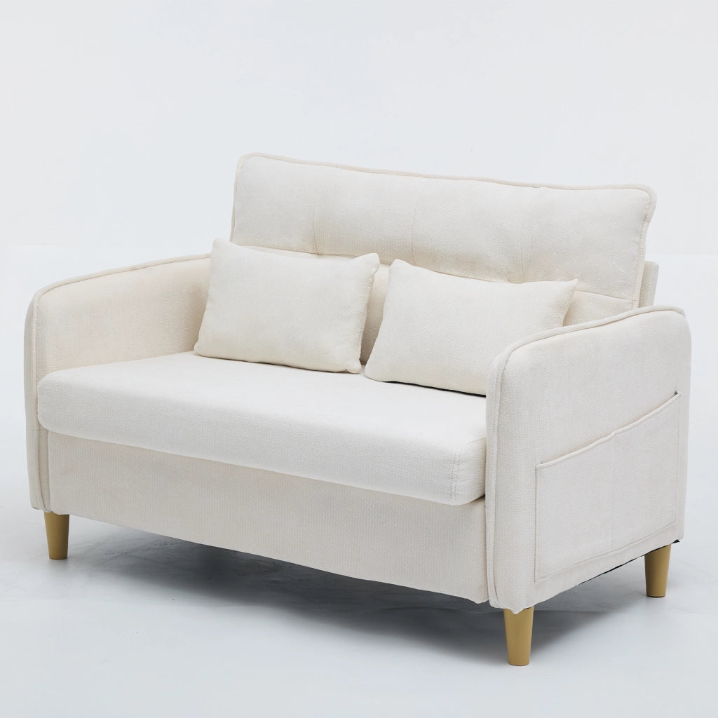 Divano a 2 posti in tessuto chenille Beige, 127 cm, con braccioli e tasche laterali