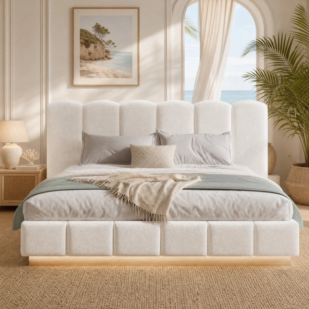 Letto matrimoniale contenitore idraulico 180x200 cm con LED; rete a doghe; bouclé bianco