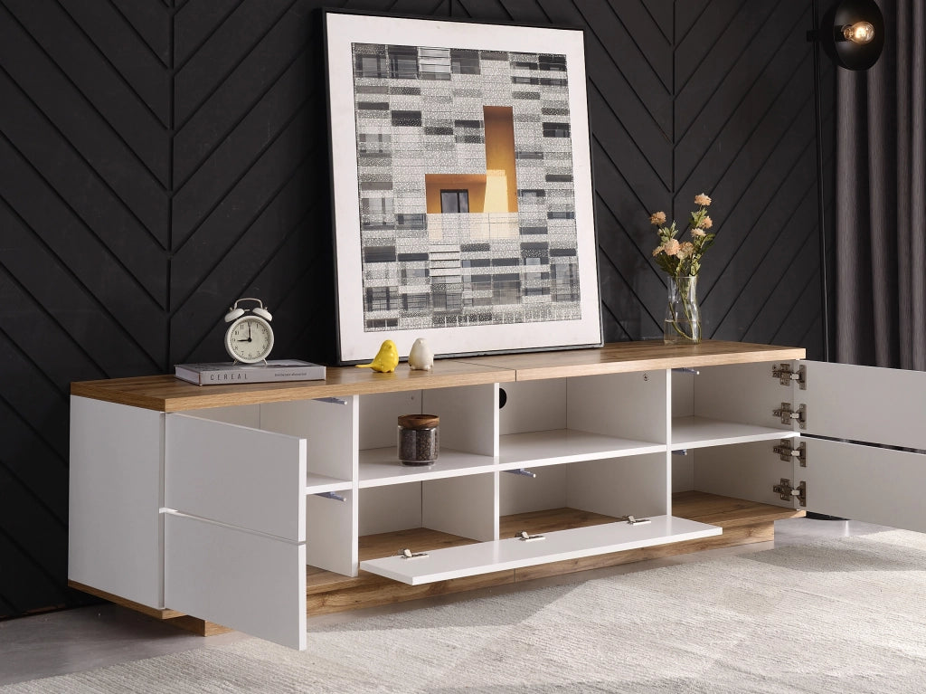 Mobile TV con 5 Ante e 2 Vani Aperti; Frontali a Griglia; Stile Moderno; 180??46??38 cm; in MDF; Bianco