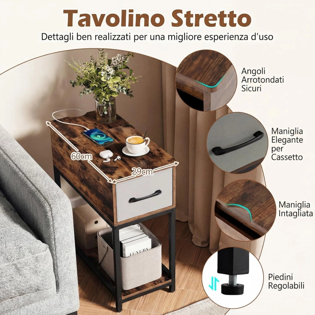 Tavolino da Salotto, Tavolino Laterale con Stazione di Ricarica & Luci LED, Cassetto in Tessuto e Ripiano Aperto, Mobile Versatile da Camera da Letto e Soggiorno