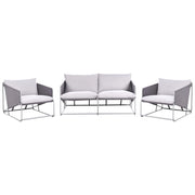 Set composto da divano basso oversize e 2 sedie in metallo con cuscini per schienale e seduta da interno ed esterno grigio stile moderno e rustico