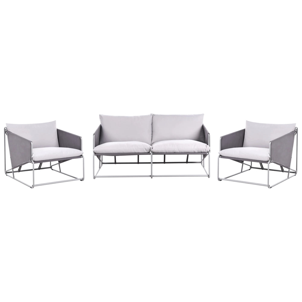 Set composto da divano basso oversize e 2 sedie in metallo con cuscini per schienale e seduta da interno ed esterno grigio stile moderno e rustico