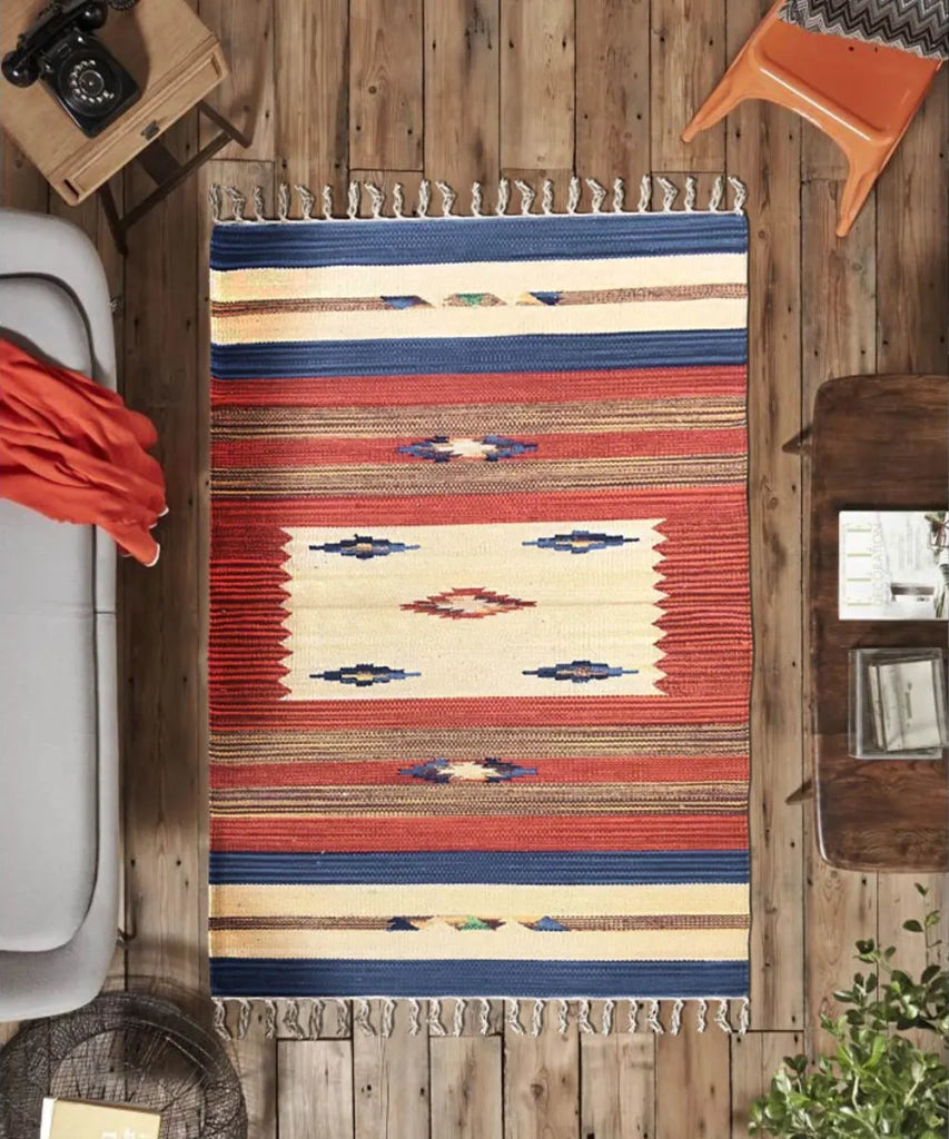 Tappeto passatoia KELIM 02 disegni etnici orientali colori vivaci cm.60x280 tessuto e frangia 100% cotone, lavabile in lavatrice