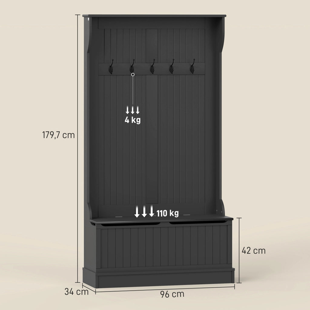 Appendiabiti con Panca Portascarpe e 5 Ganci ¨C Xylo ¨C Nero Moderno 96x34x179,7 cm