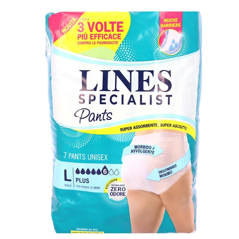 LINES SPECIALIST PANTS MUTANDINE UNISEX "L PLUS" SUPER ASSORBENTE, SUPER ASCIUTTO FINO A 3 VOLTE PIÙ EFFICACE 7PZ