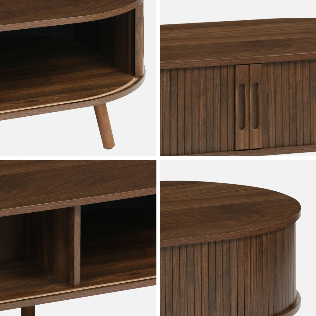 Tavolino scandinavo effetto legno scanalato 2 ante scorrevoli, noce