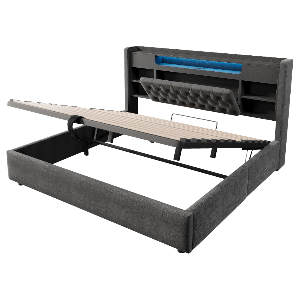 Letto Contenitore 180 x 200 cm - USB; USB-C; LED Regolabile e Mensole - Grigio