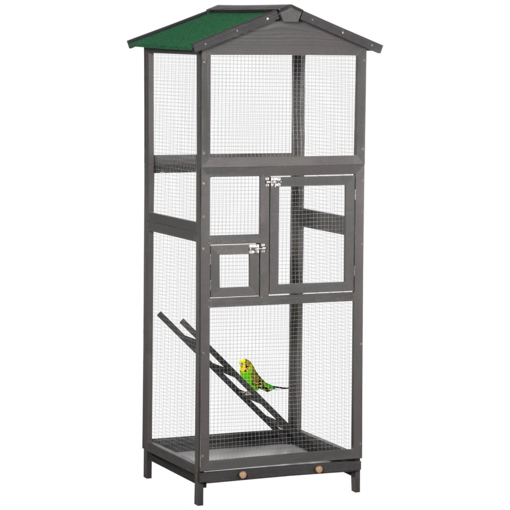 Gabbia per Uccelli Voliera Alta da Esterno 68x63x165 cm 2 Porte e Vassoio Estraibile in Legno Grigio Chiaro