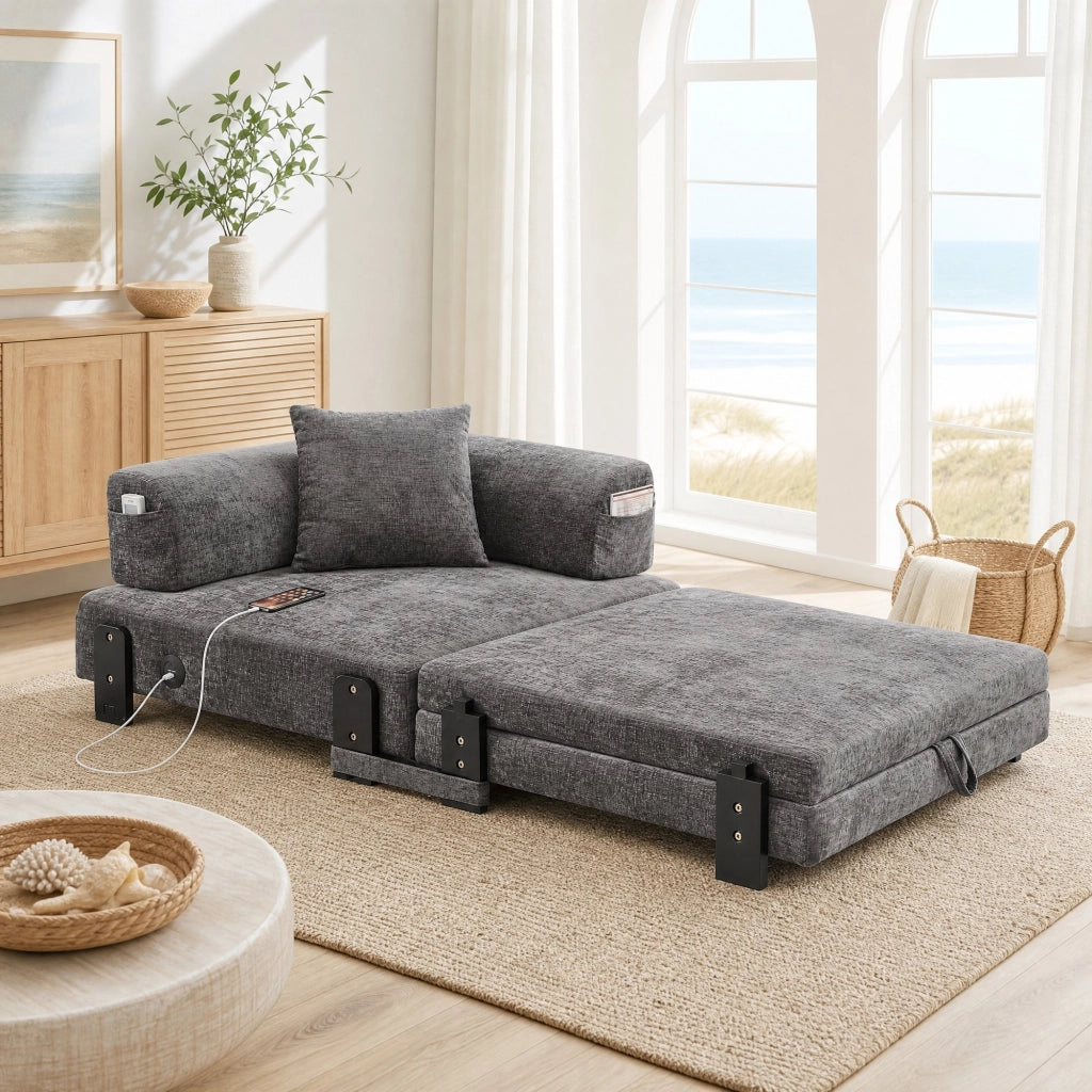 Divano letto convertibile 2 posti con funzione letto, porte USB e Type-C, tasche laterali, tessuto, Grigio scuro