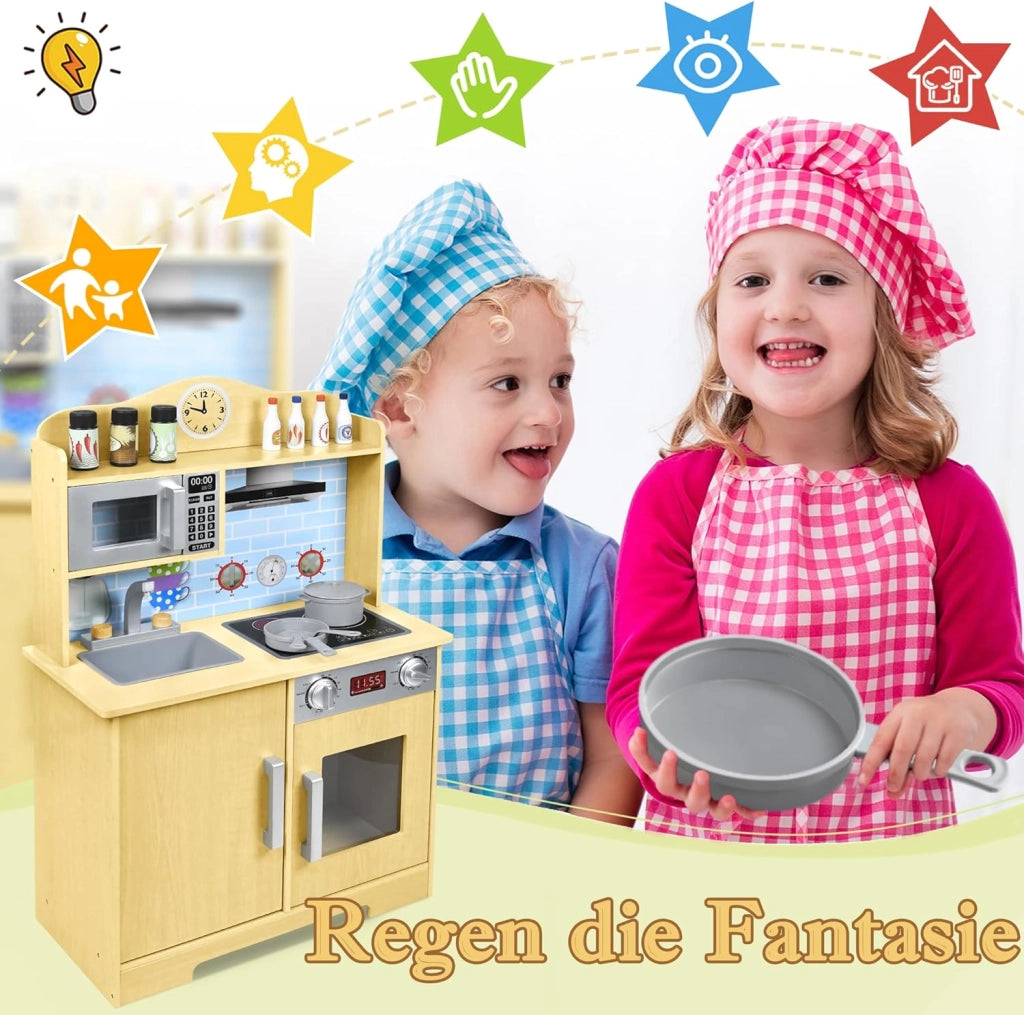 Cucina giocattolo per bambini in legno con piano cottura, forno a microonde, rubinetto, lavandino e accessori da cucina, giocattolo per bambini a partire dai 3 anni, 56 x 28,5 x 92 cm